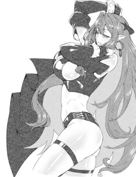 Rule 34 | 1girl, baobhan sith (fate), baobhan sith (second ascension) (fate), bare shoulders, bracelet, breasts, bridal gauntlets, commentary request, detached sleeves, earrings, fate/grand order, fate (series), greyscale, hoop earrings, jewelry, korean commentary, large breasts, long hair, looking at viewer, minew, monochrome, panties, pointy ears, revealing clothes, sidelocks, solo, spiked bracelet, spikes, thigh strap, thighs, underwear