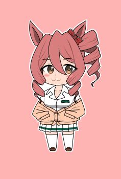 1girl :3 animal_ears bow brown_cardigan brown_eyes brown_hair cardigan chibi collared_shirt commentary_request drill_hair drill_sidelocks ear_bow full_body hands_in_pockets highres horse_ears horse_girl igouichigata kasamatsu_tracen_school_uniform looking_at_viewer norn_ace_(umamusume) pink_background pleated_skirt school_uniform shirt side_drill sidelocks simple_background single_drill skirt solo umamusume umamusume:_cinderella_gray white_shirt