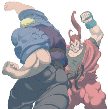 Rule 34 | 2boys, absurdres, blonde hair, brown hair, clenched hands, cody travers, commentary, gloves, hibiki dan, highres, long hair, martial arts belt, multiple boys, muscular, muscular male, short hair, street fighter, zinguuzisaburou