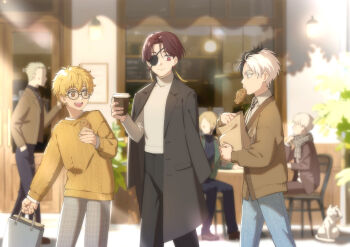3boys bag black_coat black_hair blonde_hair brown_hair brown_jacket chair coat commentary cup disposable_coffee_cup disposable_cup earrings eyepatch food glasses highres jacket jewelry long_sleeves male_focus multicolored_hair multiple_boys nirei_akihiko open_mouth outdoors pants sakura_haruka_(wind_breaker) shirt shoes shopping_bag short_hair sitting smile soul_(tamashii) split-color_hair suo_hayato symbol-only_commentary tassel tassel_earrings v-shaped_eyebrows white_hair white_shirt wind_breaker_(nii_satoru)