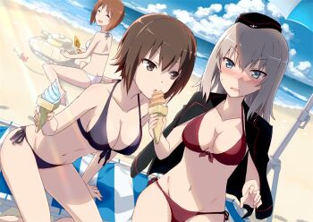Rule 34 | 10s, 3girls, :d, :o, ^ ^, arm support, bare legs, bare shoulders, barefoot, beach, beach umbrella, bikini, bikini under clothes, black bikini, black eyes, black hair, blue eyes, blue sky, blush, breasts, brown hair, cleavage, closed eyes, cloud, cloudy sky, collarbone, day, dutch angle, eating, embarrassed, feeding, female focus, food, front-tie bikini top, front-tie top, garrison cap, girls und panzer, gotyou, grey hair, hat, horizon, ice cream, ice cream cone, itsumi erika, jacket, jacket on shoulders, kuromorimine military uniform, legs, looking at another, looking back, medium breasts, medium hair, multiple girls, navel, neck, nishizumi maho, nishizumi miho, open mouth, outdoors, red bikini, sand, sand structure, shade, shadow, short hair, shy, siblings, side-tie bikini bottom, sisters, sitting, sky, smile, sunlight, sweatdrop, swimsuit, umbrella, wariza, wavy mouth, white bikini, yokozuwari, yuri