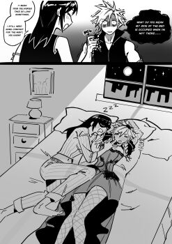 1boy 1girl arm_ribbon bare_shoulders bed bedroom black_hair blush cloud_strife cloud_strife_(blue_dress) commentary couple crossdressing crossdressing_(mtf) cuddling dakimakura_(object) desk_lamp dress drooling english_commentary english_text final_fantasy final_fantasy_vii final_fantasy_vii:_advent_children final_fantasy_vii_remake fishnet_pantyhose fishnets full_moon greyscale highres indoors lamp long_hair looking_at_another lying monochrome moon motion_lines night night_sky on_bed on_side open_mouth pajamas pantyhose pillow ribbon seilidare shirt sky sleep_mask sleeping sleepwear sleeveless sleeveless_shirt speech_bubble spiked_hair star_(sky) starry_sky tifa_lockhart window zzz