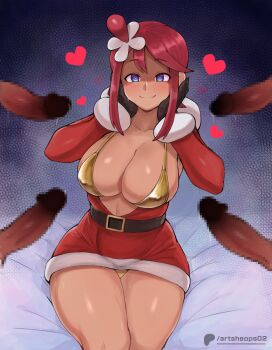 1girl 2024_pokemon_teraleak absurdres alternate_breast_size_(larger) artsheops belt bikini blue_eyes blush breasts censored christmas commentary dress english_commentary english_text erection fang fur_trim gloves gold_bikini hair_ornament hands_on_own_cheeks hands_on_own_face heart heart-shaped_pupils highres large_breasts long_hair looking_at_viewer mosaic_censoring nintendo official_alternate_costume on_bed out_of_frame patreon_username penis pokemon pokemon_masters_ex red_hair santa_costume santa_dress sidelocks silhouette sitting skin_fang skyla_(holiday_2020)_(pokemon) skyla_(pokemon) smile solo_focus swimsuit symbol-shaped_pupils