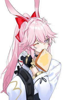 1girl animal_ears asymmetrical_gloves black_gloves bow bread bread_slice evanescia_(honkai:_star_rail) food food_in_mouth fox_ears fox_girl gloves hair_bow highres honkai:_star_rail honkai_(series) jacket long_hair looking_at_viewer mismatched_gloves mouth_hold one_eye_closed pink_hair purple_eyes red_bow shirt simple_background smile solo srpzk toast toast_in_mouth upper_body white_background white_gloves white_jacket white_shirt