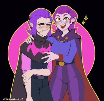 1boy 1girl black_nails brawl_stars cape clash_mini clash_of_clans countess_(clash_mini) crossover ear_piercing earrings embarrassed face_piercing forehead_piercing highres jewelry look-alike mortis_(brawl_stars) pants piercing pointy_ears purple_hair simple_background smile supercell_(band) tubbiegordito vampire