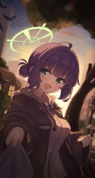 1girl :d absurdres ahoge alternate_costume bird blue_archive blue_sky blurry blurry_background brown_jacket building commentary english_commentary from_side green_eyes green_halo grey_jacket hair_bun halo highres holding hood hooded_jacket incoming_object jacket long_sleeves looking_at_viewer looking_to_the_side open_mouth orange_sky purple_hair ring_of_light_(blue_archive) saki_(blue_archive) single_hair_bun sky sleeves_past_wrists smile solo sunset tree uber_(29131626) updo upper_body wide_sleeves zipper