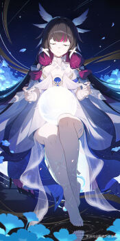 1girl absurdres bare_legs barefoot black_hair chinese_commentary closed_eyes closed_mouth colored_inner_hair columbina_(genshin_impact) commentary_request dress eye_mask flower full_body genshin_impact hair_ornament head_wings highres long_hair low-tied_sidelocks mask mengde_zhayu_zhenjun miyoushe_watermark multicolored_hair pink_hair ribbon sidelocks sitting smile solo streaked_hair two-tone_hair very_long_hair watermark white_dress wing_hair_ornament wings x_hair_ornament