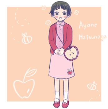 1girl apple bag black_hair blue_bird_luna blush_stickers character_name food fruit full_body handbag jacket looking_at_viewer mary_janes matsunaga_ayane own_hands_together persona persona_4 pink_shirt pink_skirt red_jacket red_shoes shirt shoes short_hair simple_background sketch skirt socks solo white_socks
