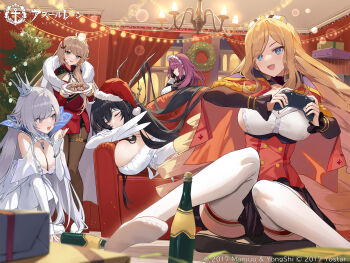 5girls argus_(azur_lane) artist_request azur_lane black_gloves black_hair blonde_hair blue_eyes breasts brown_hair brown_pantyhose chaser_(azur_lane) christmas closed_eyes commentary_request cookie crown devonshire_(azur_lane) dress elbow_gloves food gloves grey_hair hat highres howe_(azur_lane) indomitable_(azur_lane) indoors large_breasts looking_at_another lying maid_headdress multiple_girls official_art open_mouth pantyhose purple_hair red_hat santa_hat sitting smile thighhighs white_dress white_gloves white_thighhighs