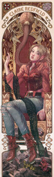 Rule 34 | 1girl, absurdres, belt, belt buckle, black shawl, blue eyes, bodice, boots, brown belt, brown hair, buckle, card (medium), character name, claire redfield, collared shirt, denim, feather necklace, highres, hinanana, jeans, jewelry, long hair, looking at viewer, navel, necklace, official alternate costume, official art, on throne, pants, parted lips, ponytail, protected link, red bodice, red boots, red shirt, resident evil, resident evil 2, resident evil 2 (remake), second-party source, shawl, shirt, sitting, sleeves rolled up, solo, tarot, tarot (medium), throne, torn clothes, torn jeans, torn pants