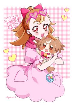 Rule 34 | 1girl, :3, :d, absurdres, animal, blush, blush stickers, border, bow, brown fur, brown hair, character name, commentary, cropped legs, dog, dot nose, dress, dual persona, eyewear on head, frilled sleeves, frills, glasses, gumii42, hair bow, heart, heart-shaped eyewear, heart background, heart pockets, highres, holding, holding animal, holding dog, hood, hood down, hooded dress, hug, inukai komugi, inukai komugi (dog), long hair, looking at viewer, multicolored fur, open mouth, outside border, pact holder, papillon (dog), pet, pink-framed eyewear, pink background, pink bow, pink ribbon, plaid background, ponytail, pouch, precure, puffy short sleeves, puffy sleeves, red eyes, ribbon, short dress, short sleeves, smile, translated, twitter username, two-tone fur, white border, white fur, wonderful pact, wonderful precure!