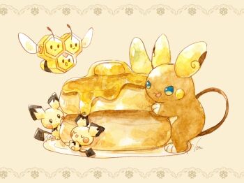 Rule 34 | alolan form, alolan raichu, animal focus, blue eyes, butter, combee, food, full body, gen 2 pokemon, gen 4 pokemon, gen 7 pokemon, leaning, nintendo, no humans, non (kumakawayusu), open mouth, oversized food, oversized object, painting (medium), pancake, pichu, plate, pokemon, pokemon (creature), signature, simple background, solid oval eyes, syrup, traditional media, watercolor (medium)