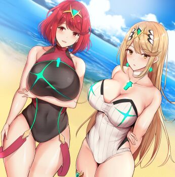 2girls black_one-piece_swimsuit blonde_hair breasts chest_jewel competition_swimsuit headpiece highleg highleg_one-piece_swimsuit highres large_breasts long_hair multiple_girls mythra_(radiant_beach)_(xenoblade) mythra_(xenoblade) noeomi one-piece_swimsuit pyra_(pro_swimmer)_(xenoblade) pyra_(xenoblade) red_eyes red_hair red_one-piece_swimsuit ribbed_swimsuit short_hair strapless strapless_one-piece_swimsuit striped_clothes striped_one-piece_swimsuit swept_bangs swimsuit tiara two-tone_swimsuit vertical-striped_clothes vertical-striped_one-piece_swimsuit very_long_hair white_one-piece_swimsuit xenoblade_chronicles_(series) xenoblade_chronicles_2 yellow_eyes