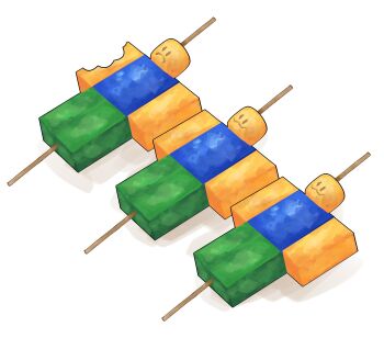 :3 absurdres bite_mark candied_fruit character-themed_food food_focus from_above frown highres himochuu multiple_expressions no_humans painterly personification player_character_(roblox) roblox simple_background skewer white_background