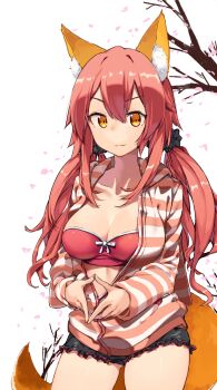 Rule 34 | 1girl, absurdres, animal ear fluff, animal ears, black scrunchie, breasts, cherry blossoms, cleavage, collarbone, fate/extra, fate (series), fox ears, fox tail, frilled shorts, frills, hair ornament, hair scrunchie, highres, hood, hoodie, kei (soundcross), large breasts, long hair, looking at viewer, low twintails, open clothes, open hoodie, parted lips, pink hair, scrunchie, shorts, smile, solo, standing, strapless, striped clothes, striped hoodie, tail, tamamo no mae (fate), tamamo no mae (spring casual) (fate), tube top, twintails, yellow eyes