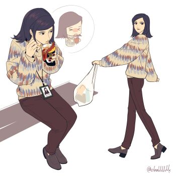 Rule 34 | > <, 1girl, absurdres, amano maya, bag, black eyes, black hair, brown pants, brown shoes, challlllk, chibi, chibi inset, chopsticks, cup, eating, food, full body, highres, holding, holding bag, holding chopsticks, holding cup, holding food, id card, instant cup noodles, lanyard, long sleeves, medium hair, multicolored sweater, multiple views, nail polish, pants, persona, persona 2, plastic bag, red nails, shoes, sweater, twitter username, yellow sweater