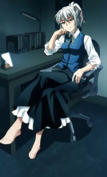 1girl absurdres black_skin blue_eyes blue_vest bluesy_fluesy book bow breasts chair closed_mouth collared_shirt colored_skin crossed_legs female_focus full_body grey_hair hair_bow hair_ribbon highres indoors lamp layered_skirt long_hair long_skirt long_sleeves looking_back medium_breasts neckerchief pantyhose photo_(object) pink_bow pink_ribbon ponytail ribbon shirt shirt_under_vest sitting skirt smile solo solo_focus table taboo_tattoo vest white_pantyhose white_shirt yellow_neckerchief