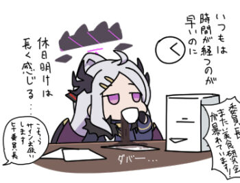 1girl ahoge black_gloves blue_archive blue_jacket chibi clock commentary_request cup forehead fur-trimmed_jacket fur_trim gloves grey_hair hair_ornament hairclip halo hina_(blue_archive) holding holding_cup horns jacket jacket_on_shoulders long_hair long_sleeves low_wings lowres nyaru_(nyaru_4126) paper_stack parted_bangs ponytail purple_eyes purple_wings simple_background solo spilling translation_request upper_body wall_clock white_background wings