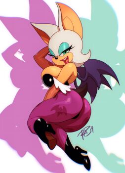1girl animal_ears animal_nose animal_print arm_behind_head ass bare_shoulders bat_ears bat_girl bat_print bat_wings black_leotard blue_eyeshadow boots breasts cosplay darkstalkers drop_shadow elbow_gloves eyeshadow fang full_body furry furry_female gloves green_eyes half-closed_eyes head_wings high_heels highres large_breasts leotard lipstick looking_at_viewer makeup morrigan_aensland morrigan_aensland_(cosplay) open_mouth pantyhose print_pantyhose purple_pantyhose purple_wings robaato rouge_the_bat shoes smile solo sonic_(series) strapless tail teeth thick_thighs thighs white_hair wings