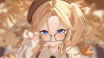 1girl autumn_leaves beret black-framed_eyewear blonde_hair blue_eyes blurry blurry_background blush collared_shirt depth_of_field glasses hat highres hololive hololive_english leaf long_hair long_sleeves looking_at_viewer meercat_dayo open_mouth outdoors shirt smile solo upper_body virtual_youtuber watson_amelia