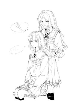 ... 2girls bang_dream! bang_dream!_it's_mygo!!!!! chinese_commentary closed_mouth commentary_request dkl_(dinosaurkl2) greyscale hair_ornament hairclip highres holding_another's_hair kneehighs long_sleeves monochrome multiple_girls nagasaki_soyo open_mouth pleated_skirt school_uniform shirt sidelocks sitting skirt socks spoken_ellipsis standing tsukinomori_school_uniform wakaba_mutsumi