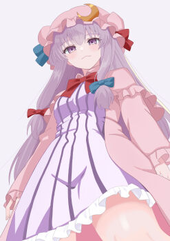 1girl absurdres blue_bow blush bow closed_mouth commentary crescent crescent_hat_ornament dress from_below grey_background hair_bow hat hat_ornament highres long_hair long_sleeves mob_cap patchouli_knowledge pink_hat purple_dress purple_eyes purple_hair red_bow simple_background solo striped_clothes striped_dress tinatama touhou vertical-striped_clothes vertical-striped_dress very_long_hair