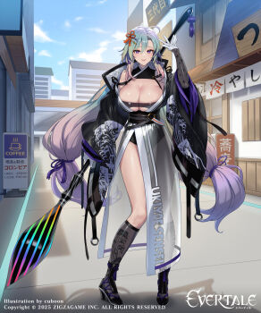1girl ahoge bare_shoulders black_gloves black_kimono black_socks blue_sky blush breasts building cafe chinese_knot city cleavage clothes_writing cloud cuboon day detached_collar elbow_gloves evertale full_body giant_brush gloves gradient_hair green_hair hair_ornament hairclip high_heels highres hokusai_(evertale) holding holding_paintbrush huge_breasts japanese_clothes kimono knot_hair_ornament leotard leotard_under_clothes long_hair long_legs long_sleeves looking_at_viewer low-tied_long_hair low_twintails multicolored_hair o-ring official_art outdoors paintbrush pigeon-toed pink_hair print_gloves print_socks purple_eyes purple_hair revealing_clothes road see-through_clothes see-through_kimono shiny_skin sidelocks sign sky smile socks solo standing street tassel tassel_hair_ornament translation_request twintails underboob very_long_hair wave_print wedge_heels white_gloves wide_sleeves