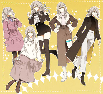 1girl alternate_costume alternate_hair_length alternate_hairstyle baggy_shorts belt black_boots black_bow black_bowtie black_coat black_jacket black_pantyhose black_shorts blush boots bow bowtie braid breasts brown_belt brown_boots brown_jacket brown_skirt buttons closed_mouth coat collared_shirt commentary_request crossed_legs frills full_body fur-trimmed_jacket fur-trimmed_sleeves fur_trim grey_hair hair_between_eyes hair_ornament hairclip hand_up hands_on_own_hips hands_up high_heel_boots high_heels honkai:_star_rail honkai_(series) jacket knee_boots lapels long_hair long_sleeves looking_at_viewer low-braided_long_hair low-tied_long_hair medium_breasts multiple_views open_clothes open_jacket pants pantyhose pink_coat pink_skirt puffy_long_sleeves puffy_sleeves purple_sweater shirt short_hair shorts sidelocks single_braid skirt smile standing standing_on_one_leg star_(symbol) star_hair_ornament star_symbol_background stelle_(honkai:_star_rail) stiletto_heels sweater thigh_boots thigh_strap trailblazer_(honkai:_star_rail) turtleneck turtleneck_sweater user_ysfe5483 wavy_hair white_pants white_shirt white_sweater yellow_background yellow_eyes