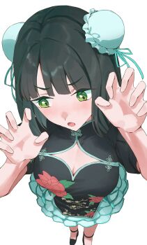 1girl :o absurdres averting_eyes black_hair black_shirt black_shoes blue_skirt blunt_bangs blunt_ends bob_cut breasts bun_cover chinese_clothes claw_pose cleavage cleavage_cutout clothing_cutout commentary_request double_bun foreshortening frilled_skirt frills full_body green_eyes hair_bun hasu_no_sora_pop_up_shop_china_collection highres large_breasts link!_like!_love_live! looking_to_the_side love_live! miniskirt momose_ginko official_alternate_costume open_mouth puffy_short_sleeves puffy_sleeves shirt shoes short_hair short_sleeves skirt solo sunkeun virtual_youtuber