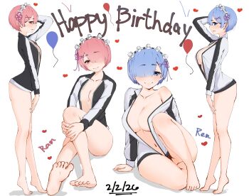 4girls absurdres babywipes barefoot blue_eyes blue_hair breasts commentary english_commentary feet heart heart_background highres jacket large_breasts multiple_girls open_clothes pink_hair ram_(re:zero) re:zero_kara_hajimeru_isekai_seikatsu red_eyes rem_(re:zero) short_hair sibilings track_jacket