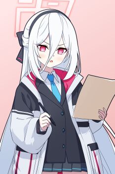 1girl black_hairband black_jacket blue_archive blue_necktie commentary_request grey_skirt hair_between_eyes hairband halo highres jacket kei_(blue_archive) kei_(new_body)_(blue_archive) korean_commentary long_hair long_hair_between_eyes looking_at_viewer multicolored_jacket necktie pink_eyes pink_halo samess_333 shirt skirt solo thighs two-tone_jacket white_hair white_jacket white_shirt