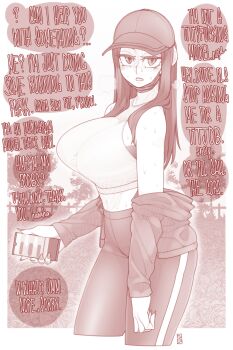 1girl baseball_cap breasts cellphone coronavirus_pandemic crop_top cropped_legs ekz_(robotekz) english_text exercising hat high-waist_pants highres holding holding_phone hot huge_breasts long_hair looking_at_viewer mask mask_pull monochrome mouth_mask off_shoulder original pants phone smartphone solo speech_bubble sports_bra straight_hair sweat yoga_pants