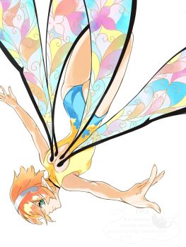 1girl ass blue_leotard breasts fairy fairy_wings from_behind gallica_(metaphor:_refantazio) green_eyes hairband highres leotard looking_back mag2998114315 metaphor:_refantazio multicolored_leotard multicolored_wings orange_hair outstretched_arms pointy_ears short_hair small_breasts smile solo thighs two-tone_leotard upside-down white_hairband wings yellow_leotard