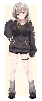 1girl black_hoodie black_shoes black_shorts black_streaks blush border closed_mouth commentary_request drawstring full_body grey_hair grey_socks hand_on_railing highres hood hood_down hoodie long_hair long_sleeves looking_at_viewer multicolored_hair o-ring o-ring_thigh_strap outline outside_border project_nebula shoes short_shorts shorts simple_background smile socks solo standing streaked_hair suzuri_ren thigh_strap toketa-sekai virtual_youtuber white_border white_outline yellow_background yellow_eyes