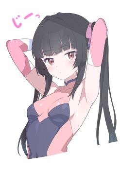 1girl :/ absurdres armpits arms_behind_head black_hair black_leotard blunt_bangs breasts closed_mouth commentary cropped_torso elbow_gloves gloves gmkz_kawaii halter_leotard halterneck highres leotard light_blush long_hair looking_at_viewer multicolored_leotard pink_eyes pink_leotard senki_zesshou_symphogear simple_background small_breasts solo translation_request tsukuyomi_shirabe twintails two-tone_leotard white_background