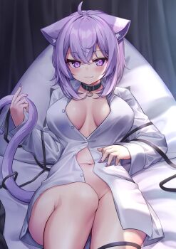 1girl absurdres animal_ears bad_id bad_twitter_id black_collar breasts cat_ears cat_tail collar deaver hair_between_eyes highres hololive large_breasts lying nail_polish naked_shirt navel nekomata_okayu nekomata_okayu_(oversized_shirt) on_back purple_eyes purple_hair purple_nails shirt smile solo tail thighs virtual_youtuber white_shirt
