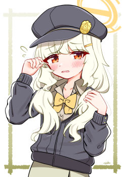 1girl aoba_(blue_archive) blonde_hair blue_archive blue_hat blue_jacket blush border bow bow_camisole bowtie collared_shirt commentary_request cowboy_shot fluffy_hair flying_sweatdrops green_border grey_shirt grey_skirt hair_ornament hairclip halo hat jacket long_hair long_sleeves looking_at_viewer low_twintails newsboy_cap open_mouth orange_halo partial_commentary pencil_skirt red_eyes shirt signature skirt solo taichi_(taichi_bookcafe) twintails white_background yellow_bow yellow_bowtie