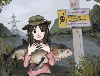 1girl absurdres animal azumanga_daiou black_eyes black_hair breasts brown_hair brown_sweater carp cloud cloudy_sky commentary_request day fffkorobka fish grey_hair highres holding holding_animal holding_fish kasuga_ayumu large_breasts medium_hair open_mouth outdoors russian_text sign sky smile solo sweater translated transmission_tower warning_sign