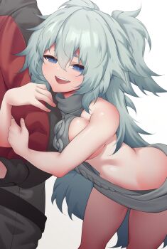 1boy 1girl :d adachi_t_(xadachit) arm_hug backless_outfit bare_shoulders blue_eyes blue_hair blush breast_press breasts commander_(girls'_frontline) commentary english_commentary florence_(girls'_frontline_2) girls'_frontline girls'_frontline_2:_exilium hair_between_eyes half-closed_eyes highres hug leaning_forward leaning_on_person long_hair medium_breasts no_bra open_mouth pa-15_(girls'_frontline) sideboob sleeveless sleeveless_sweater smile solo_focus standing sweater teeth thighs upper_teeth_only very_long_hair virgin_killer_sweater