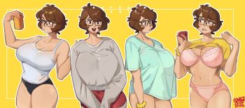 1girl black_shorts bra breasts brown_eyes brown_hair can cleavage commentary curtain_call_challenge_(meme) english_commentary holding holding_can large_breasts looking_at_viewer looking_down meme multiple_views navel nervous open_mouth original panties pink_bra pink_panties purple_sweater red_shorts shirt_tucked_in shorts smile snowcie snowciel_(snowcie) stomach sweat sweater tank_top underwear white_tank_top yellow_background