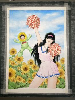 Rule 34 | 1boy, 1girl, aoba shunsuke, arm up, asaoka natsumi, black hair, blue sky, breasts, brown eyes, cheerleader, clothes writing, commentary request, cowboy shot, day, field, flower, flower costume, flower field, hairband, hand up, highres, large breasts, long hair, looking at viewer, looking up, midair, miniskirt, miura mitsuru, official artist extra, open mouth, outdoors, pink hairband, pink shirt, pink skirt, pleated skirt, pom pom (cheerleading), shirt, short hair, skirt, sky, sleeveless, sleeveless shirt, smile, standing, sunflower, sunflower field, teeth, the kabocha wine, traditional media, upper teeth only, v-neck, yellow flower