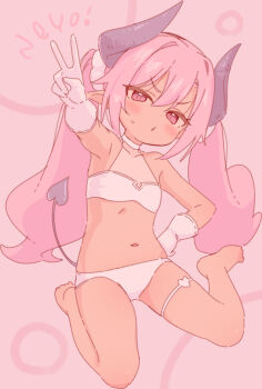 1girl bare_shoulders blush chestnut_mouth commentary_request demon_girl demon_horns demon_tail flat_chest frown full_body gloves hand_on_own_hip highres horns jigatei_(omijin) long_hair looking_at_viewer navel original panties parted_lips pink_eyes pink_hair simple_background sitting sketch solo sweatdrop tail thigh_strap twintails underwear v v-shaped_eyebrows white_gloves white_panties