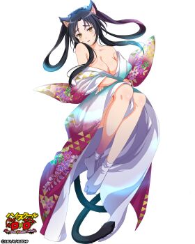 1girl absurdres animal_ears bare_shoulders black_hair breasts cat_ears cat_girl cat_tail cleavage collarbone copyright_name female_focus high_school_dxd high_school_dxd_operation_paradise_infinity highres japanese_clothes kimono kuroka_(high_school_dxd) large_breasts multiple_tails no_bra official_art purple_lips socks solo tail two_tails white_socks yellow_eyes