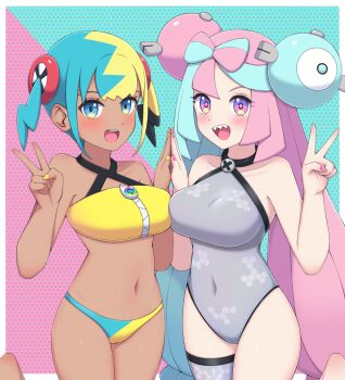 breasts canari_(pokemon) dark-skinned_female dark_skin highres iono_(pokemon) medium_breasts multiple_girls nintendo open_mouth pokemon pokemon_legends:_z-a pokemon_sv sharp_teeth teeth x_(zvkm7328)