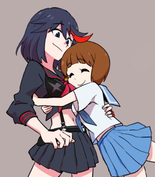 2girls black_eyes black_hair black_sailor_collar black_skirt blue_sailor_collar blue_skirt bowl_cut brown_background brown_hair closed_eyes closed_mouth hair_between_eyes hoyon hug kill_la_kill mankanshoku_mako matoi_ryuuko midriff multicolored_hair multiple_girls navel neckerchief pleated_skirt red_hair red_neckerchief sailor_collar school_uniform senketsu shirt short_sleeves skirt streaked_hair suspender_skirt suspenders three-quarter_sleeves two-tone_hair white_shirt
