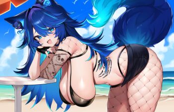 1girl animal_ear_fluff animal_ears beach bent_over bikini black_bikini black_gloves blue_eyes blue_hair breasts day fingerless_gloves fishnet_pantyhose fishnets flaming_ears gloves hair_between_eyes hanging_breasts hip_tattoo indie_virtual_youtuber kaptivate large_breasts long_hair looking_at_viewer multicolored_hair navel open_mouth outdoors pantyhose scar scar_across_eye scar_on_face second-party_source solo spite_(vtuber) swimsuit tail tattoo virtual_youtuber wolf_ears wolf_girl wolf_tail