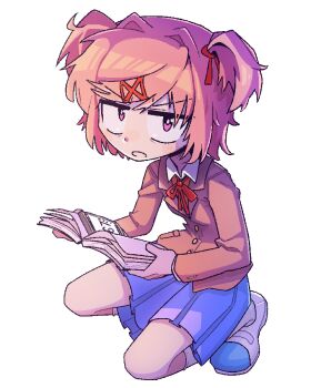 Rule 34 | 1girl, 67 (meme), blazer, blue skirt, blush, book, buttons, collared shirt, doki doki literature club, doki doki literature club school uniform, hair ornament, hair ribbon, hairclip, holding, holding book, holding phone, jacket, kneehighs, kneeling, looking at viewer, matching hair/eyes, meme, natsuki (doki doki literature club), neck ribbon, phone, pink eyes, pink hair, pleated skirt, red ribbon, ribbon, saghaley, school uniform, shirt, shoes, skirt, socks, solo, swept bangs, two side up, uwabaki, white shirt, white socks, x hair ornament