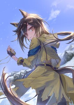 Rule 34 | 1girl, absurdres, animal ears, black gloves, black hair, black pants, blue sky, blush, brown eyes, brown hair, coat, commentary request, compass, ear covers, fingerless gloves, gloves, gradient eyes, gul (parfaitgul), hair between eyes, highres, holding compass, hood, hooded coat, horse ears, horse girl, horse tail, long hair, looking at viewer, looking back, mountain, multicolored eyes, multicolored hair, outdoors, pants, ponytail, purple eyes, sky, snow, solo, stay gold (umamusume), streaked hair, tail, torn clothes, torn coat, umamusume, white hair, yellow coat