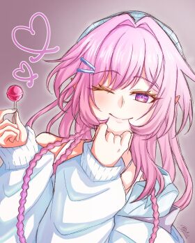 1girl ;) blue_jacket candy commentary_request cyrene_(honkai:_star_rail) cyrene_(nylon_japan)_(honkai:_star_rail) cyrene_(ripples_of_past_reverie)_(honkai:_star_rail) diamond-shaped_pupils diamond_(shape) food grey_background highres holding holding_candy holding_food holding_lollipop honkai:_star_rail honkai_(series) jacket lollipop long_hair looking_at_viewer official_alternate_costume one_eye_closed pink_hair pointy_ears purple_eyes ranri6582 simple_background smile solo symbol-shaped_pupils very_long_hair