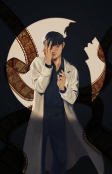 1boy absurdres black_hair black_shirt closed_eyes coat collared_shirt commentary covering_one_eye different_shadow english_commentary feet_out_of_frame film_reel hand_up head_tilt highres kim_dokja omniscient_reader&#039;s_viewpoint open_clothes open_coat partially_shaded_face shirt short_hair spotlight standing umbrvx white_coat yoo_joonghyuk